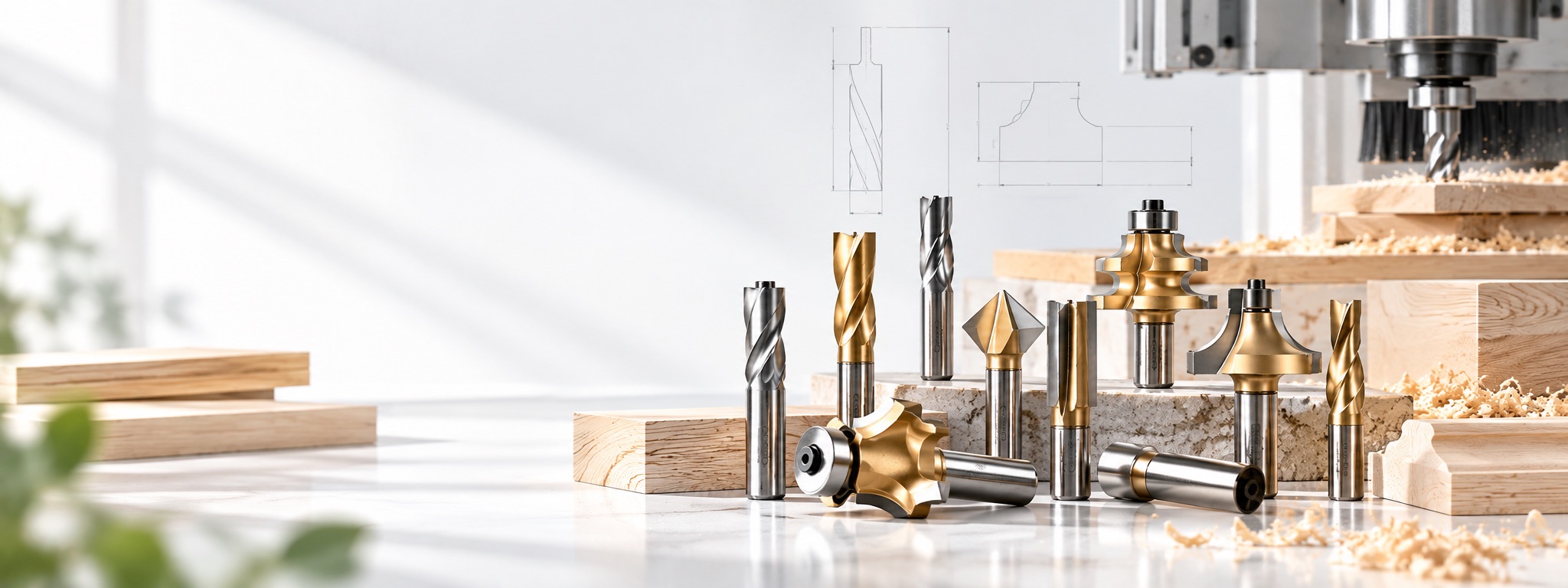 Selection of CUTQOR CNC woodworking tools with technical drawings