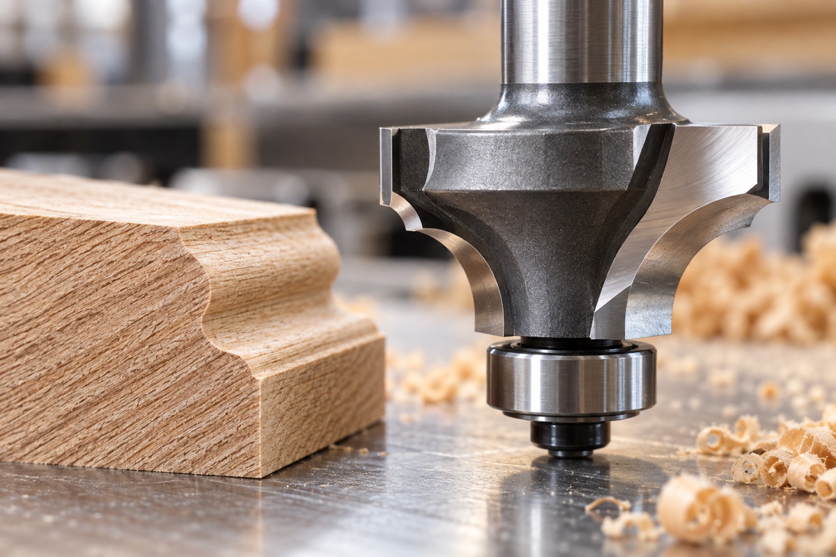 Close view of a router bit cutting edge and wood profile