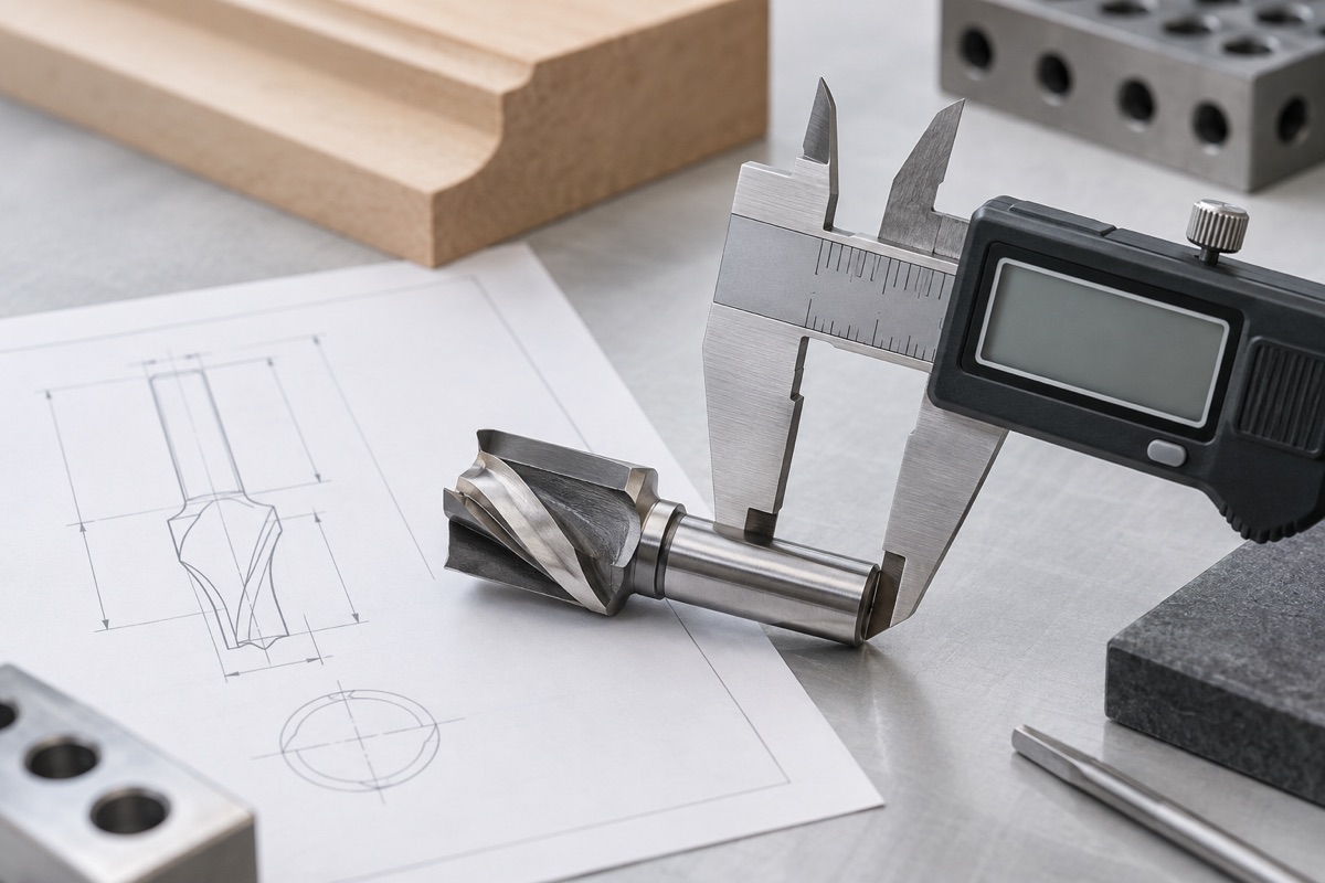 Caliper and custom router bit on an engineering drawing