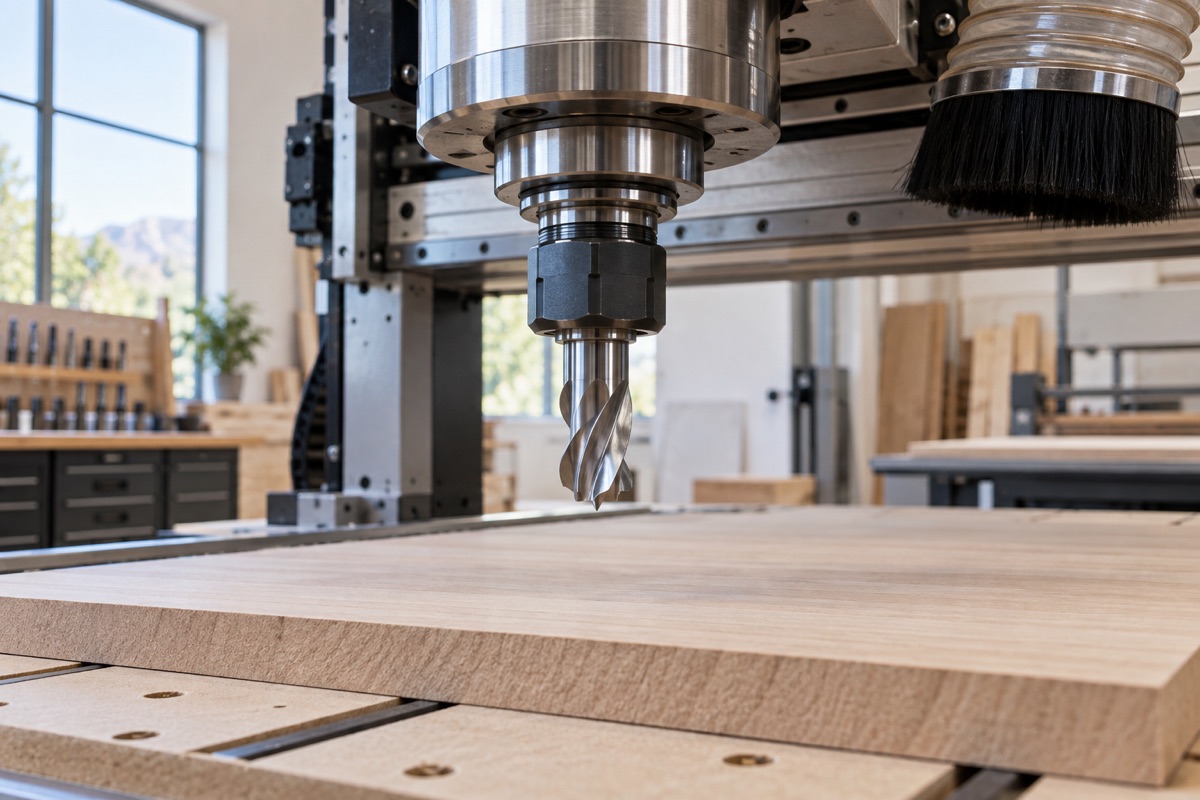 Router bit installed in a CNC spindle above a wood panel