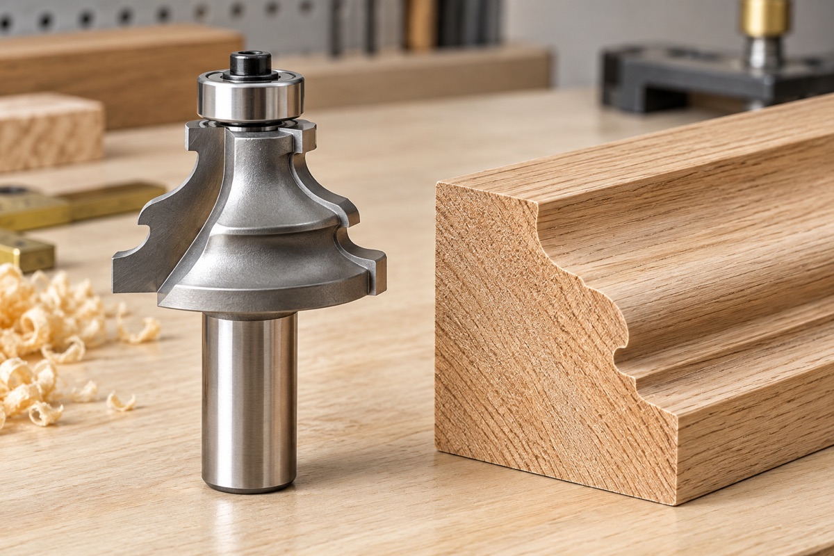 Custom router bit beside a matching wood profile