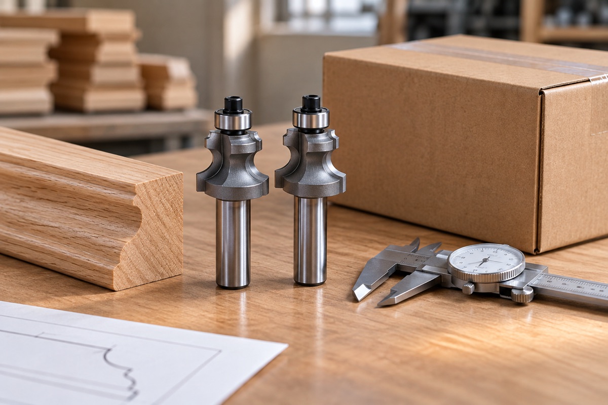 Matched router bit samples, gauge and supply carton