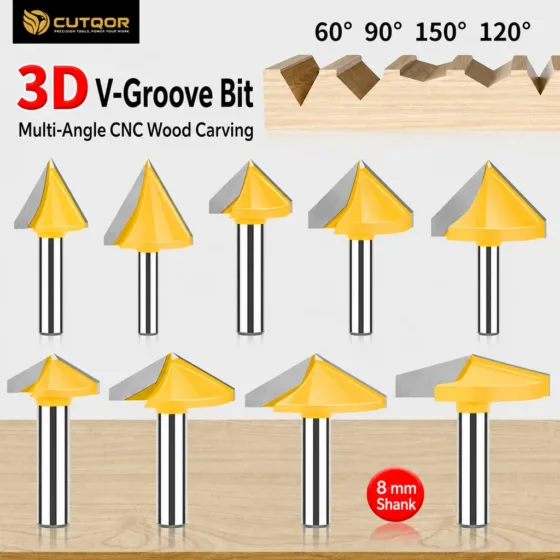 CUTQOR 8mm shank multi-angle 3D V-groove router bit family
