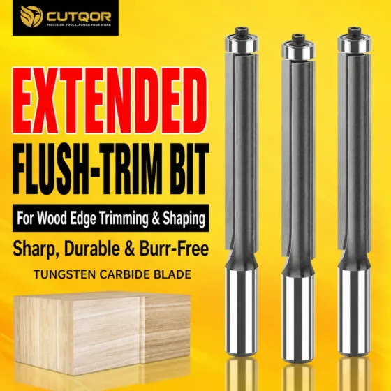 CUTQOR extended bearing flush-trim router bit family