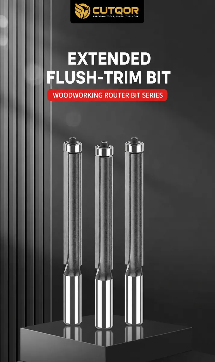 Extended bearing flush-trim bit woodworking router bit series