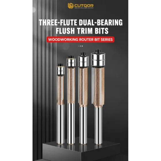 CUTQOR Three-Flute Dual-Bearing Flush-Trim Router Bits