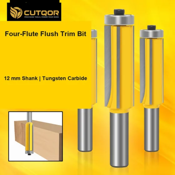 CUTQOR 12 mm Shank Four-Flute Bearing-Guided Flush-Trim Router Bit