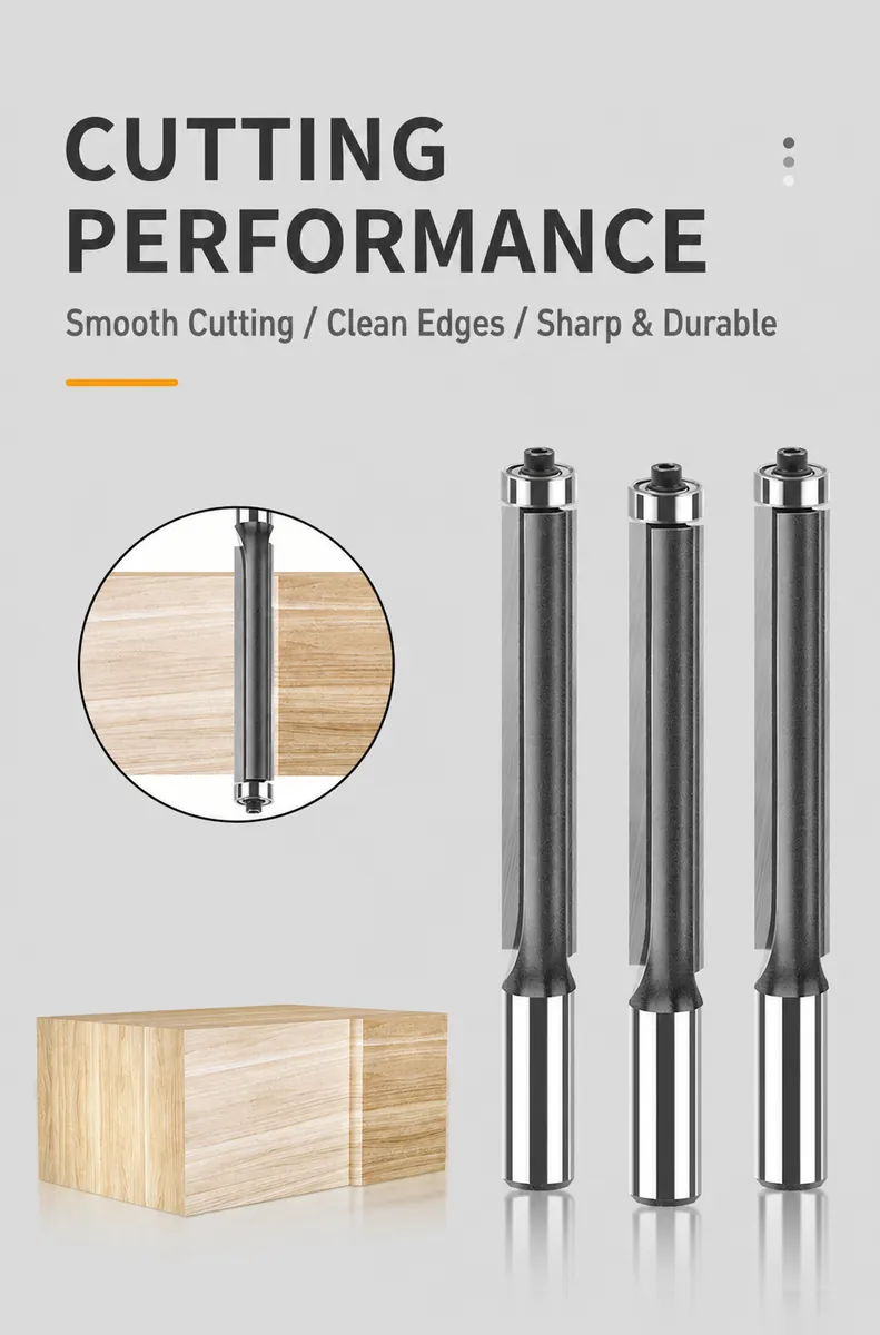 Extended flush-trim bit smooth cutting and clean wood edges