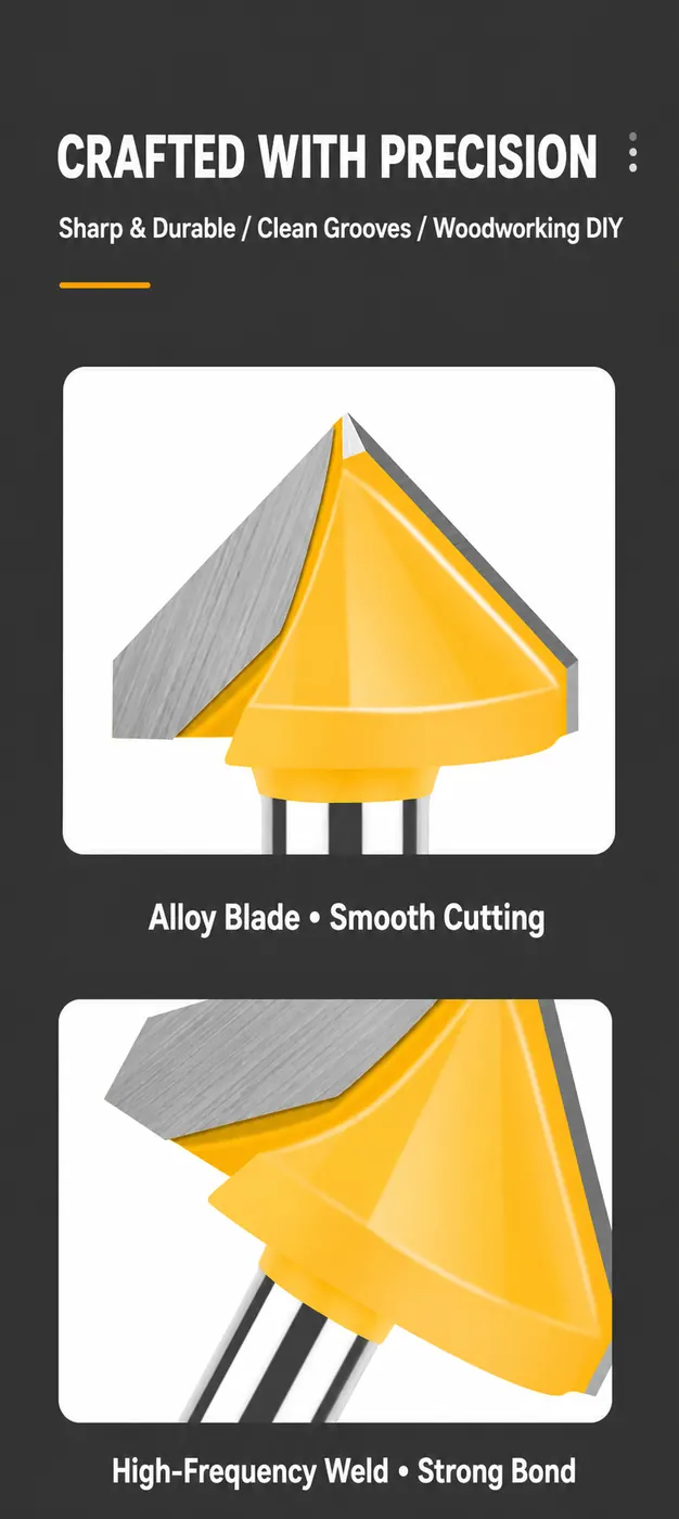 Alloy blade and high-frequency welded 3D V-groove router bit
