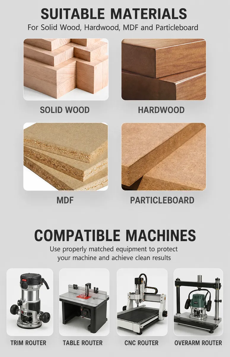 Solid wood hardwood MDF particleboard and router machine compatibility