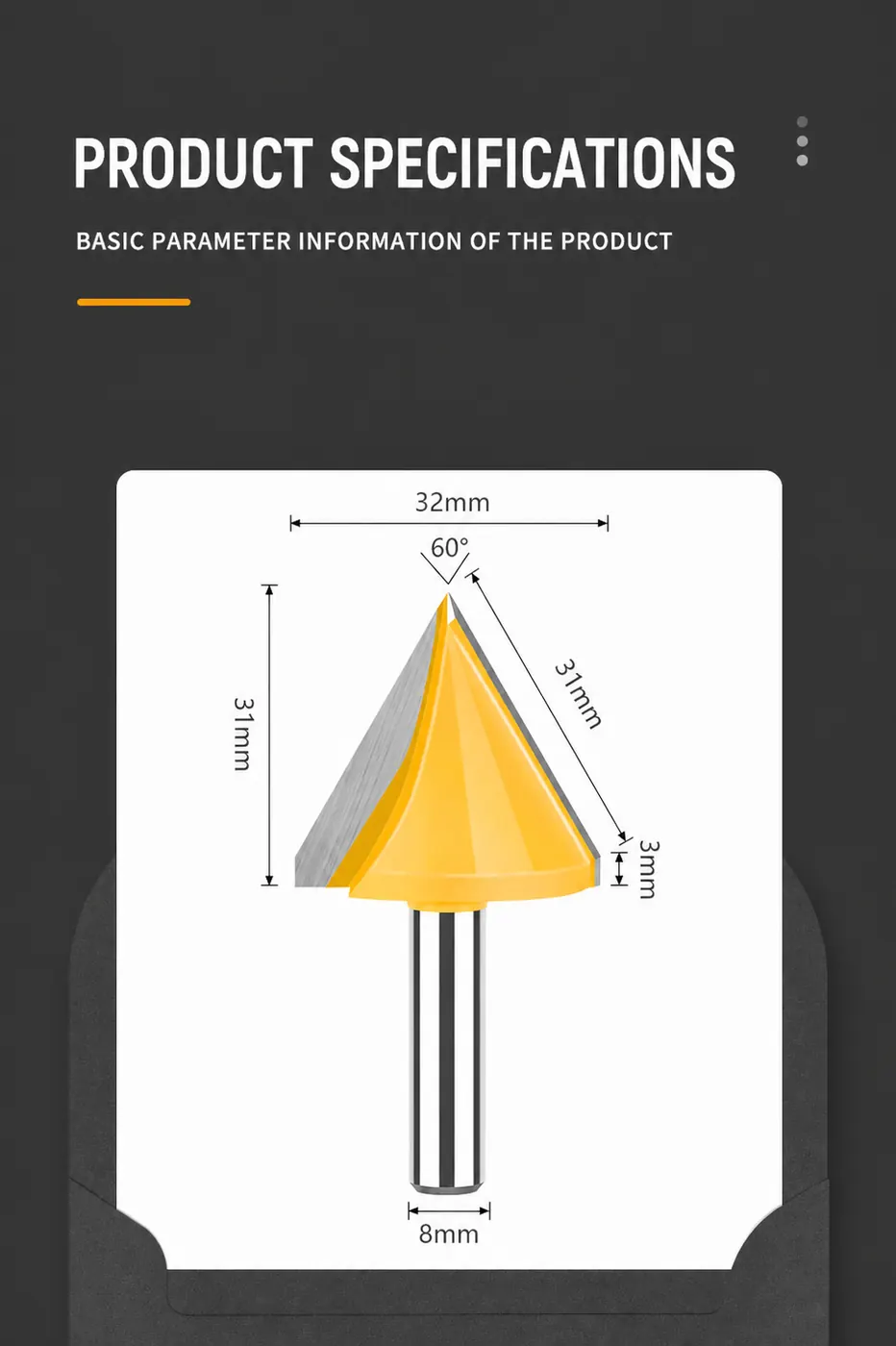 3D V-groove router bit dimensional specification example