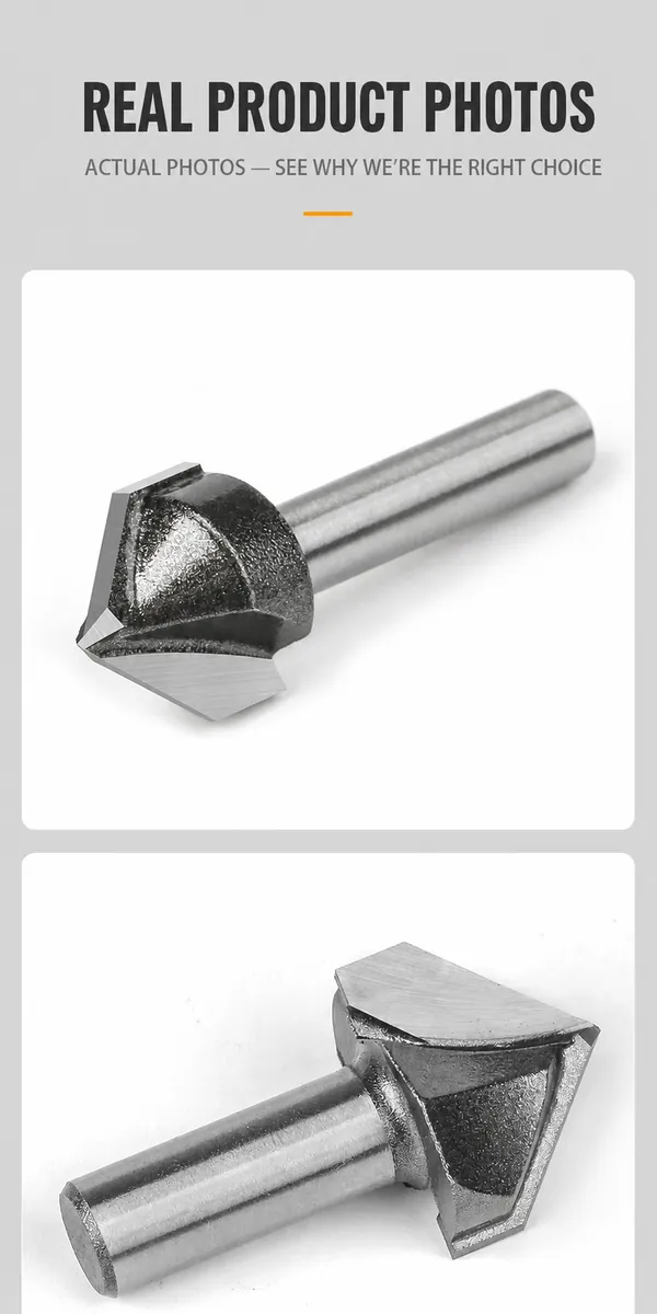 Actual CUTQOR 1/4-inch shank V-groove router bit photos