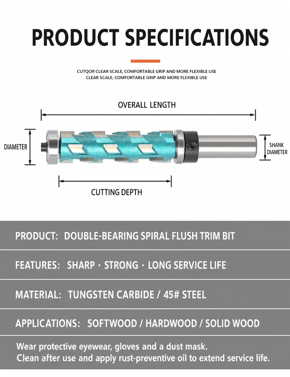 Double-Bearing Spiral Flush-Trim Bit Specifications