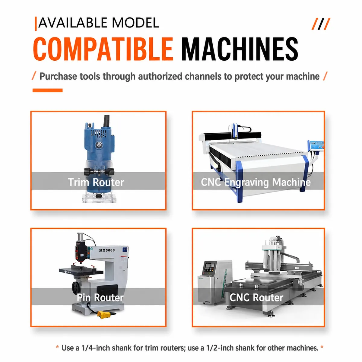 Machines compatible with 1/4-inch and 1/2-inch shank router bits