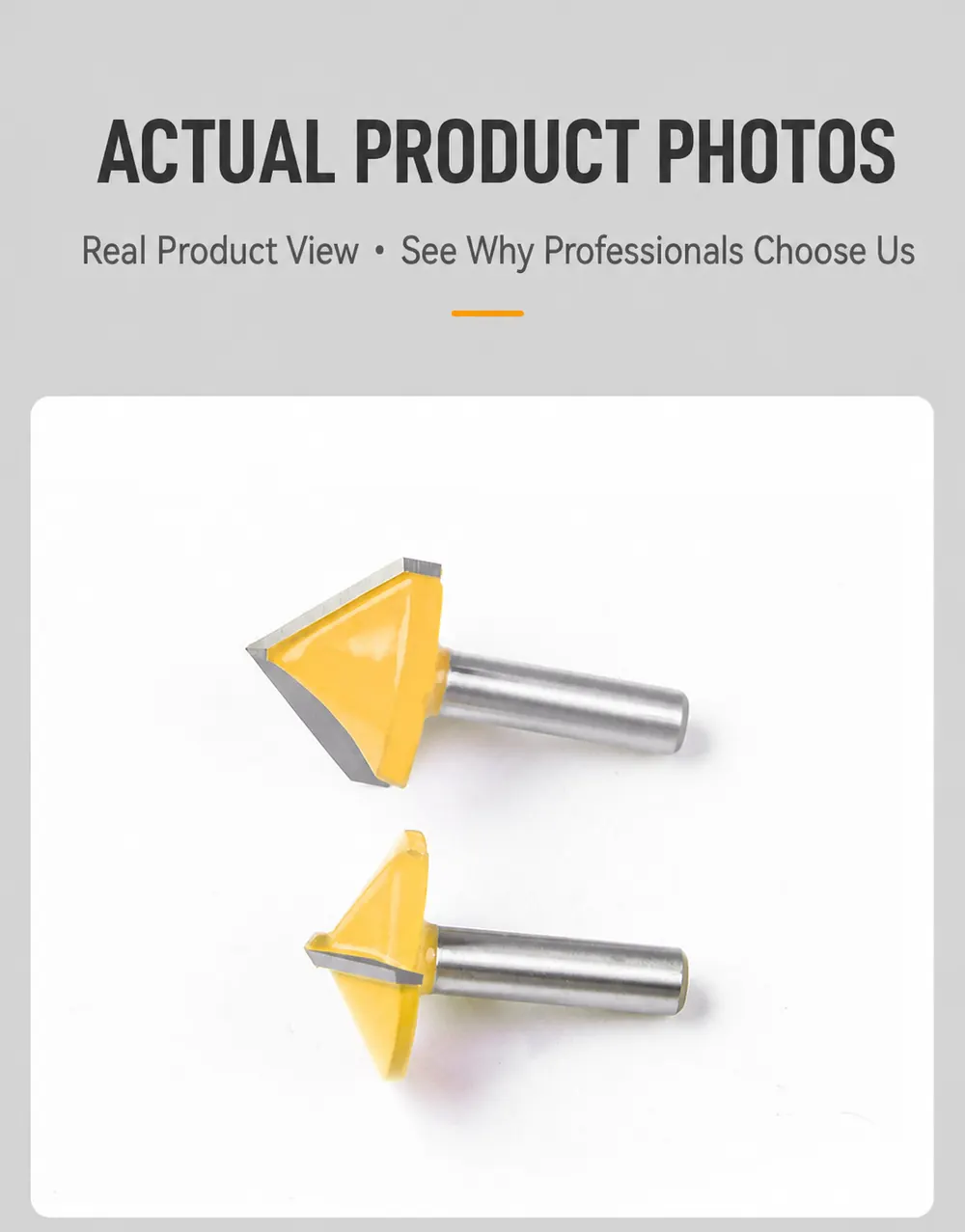 Actual multi-angle 3D V-groove router bit photos