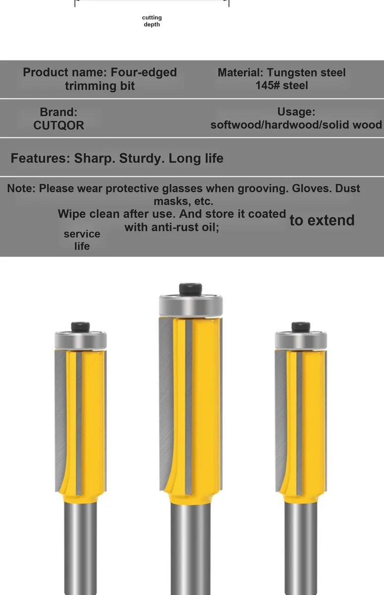 CUTQOR 12 mm Shank Four-Flute Bearing-Guided Flush-Trim Router Bit product detail