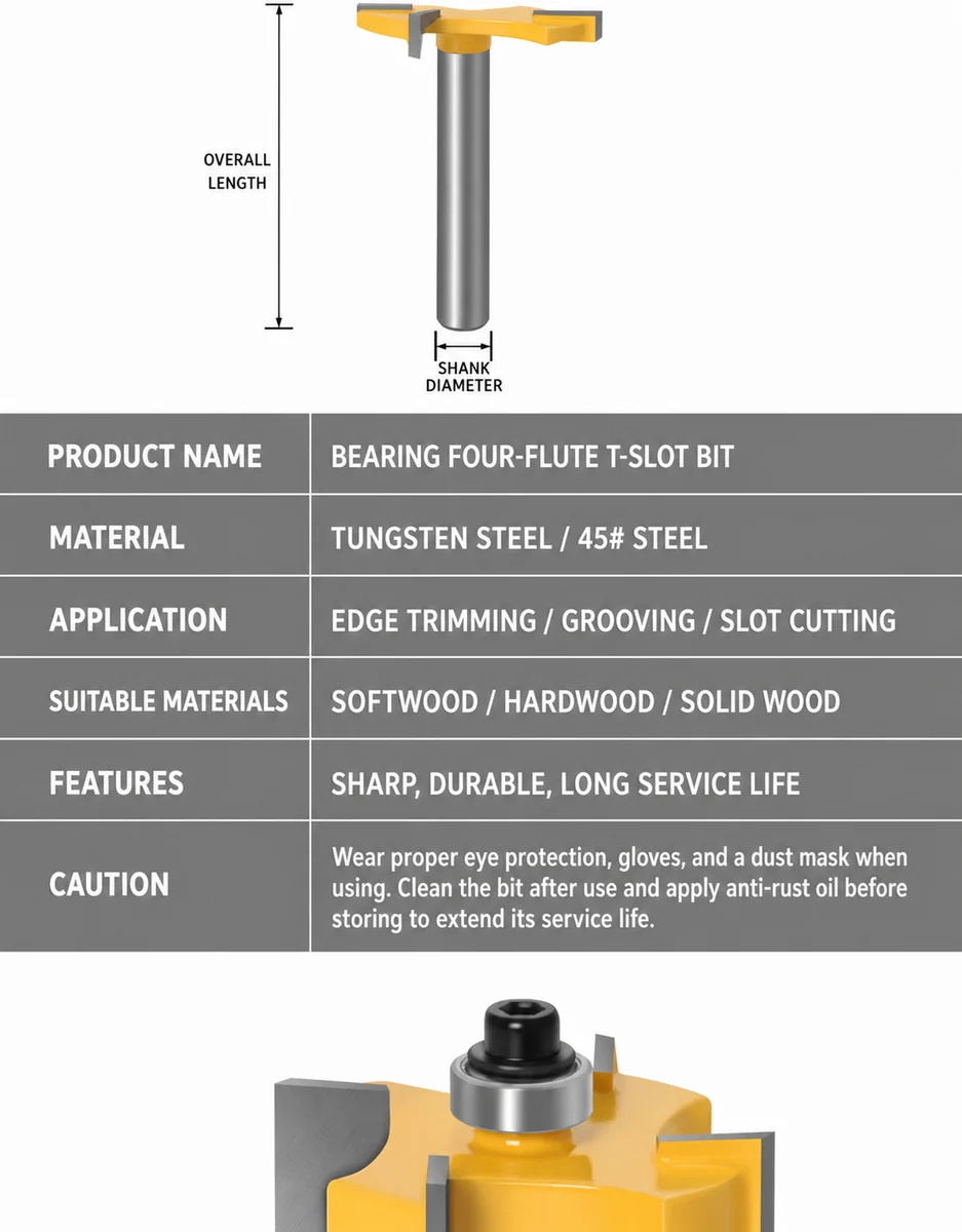 CUTQOR Four-Flute Bearing T-Slot Router Bits product detail