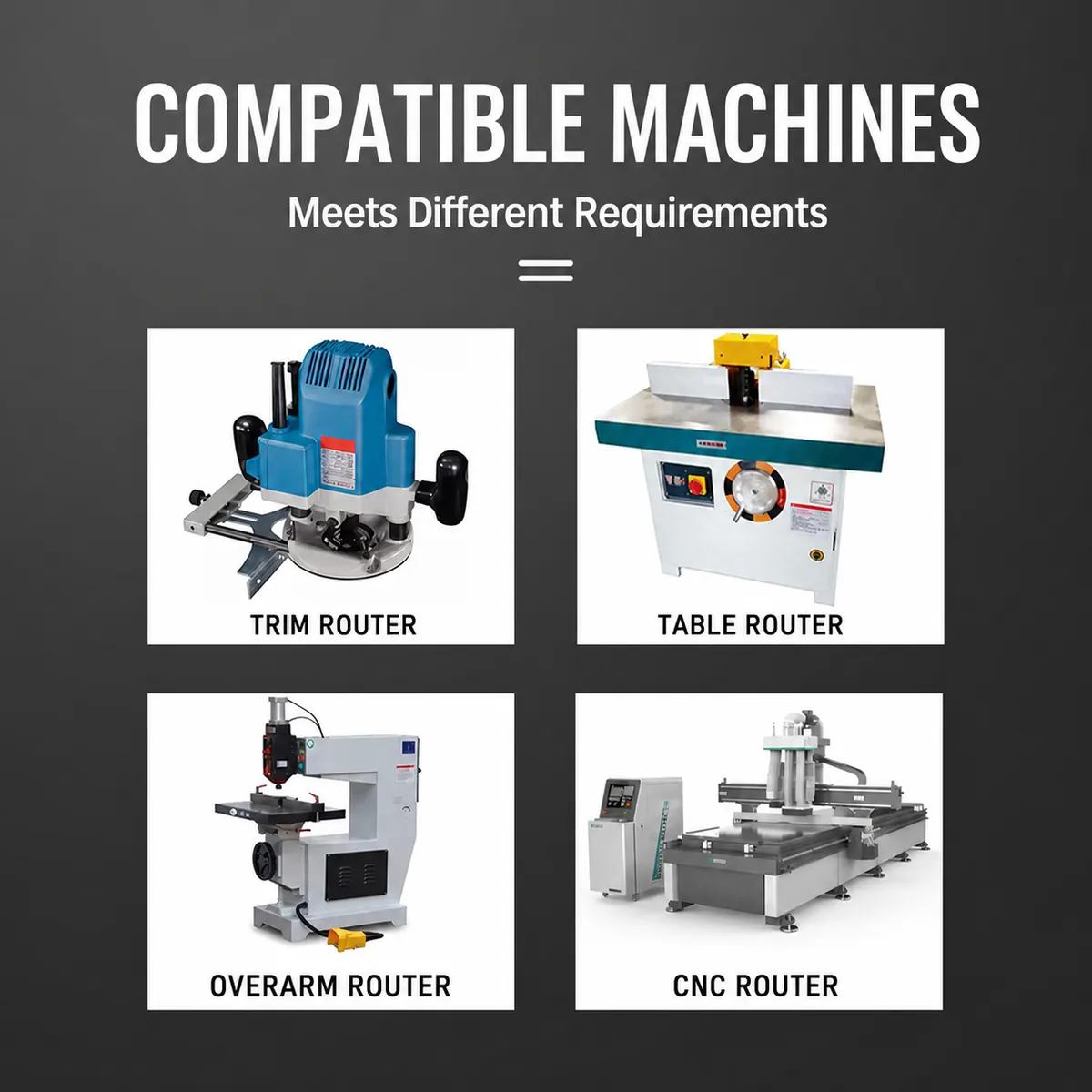 Extended flush-trim bit compatible woodworking machines