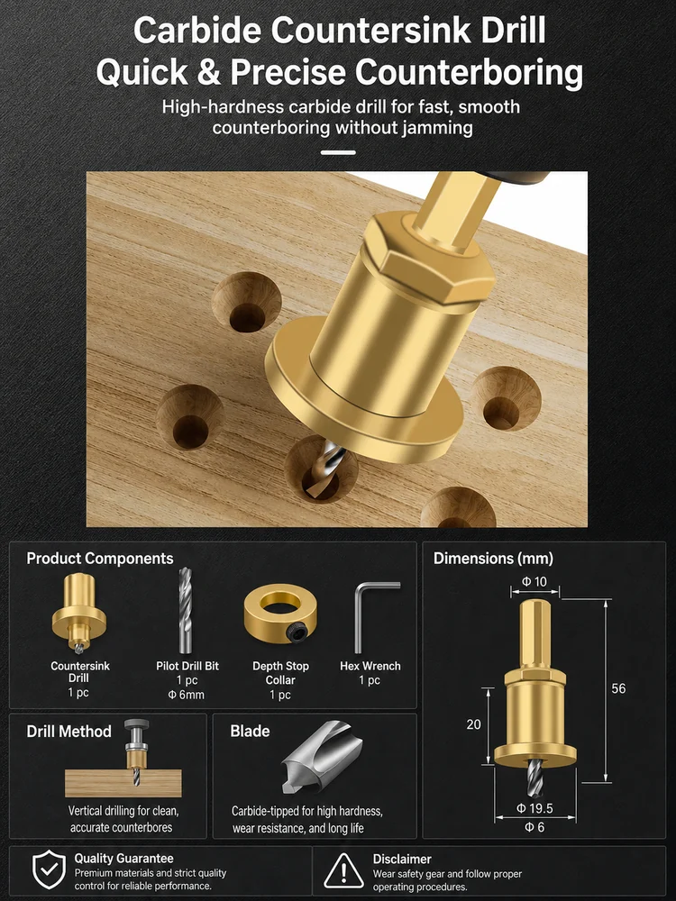 CUTQOR Adjustable Depth-Stop Countersink Drill Bits product detail