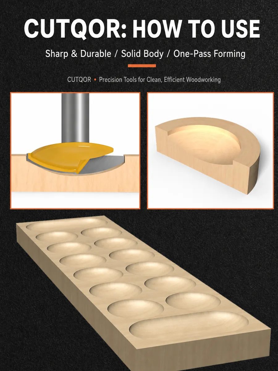Thin flat-bottom router bit cutting bowl and tray recesses