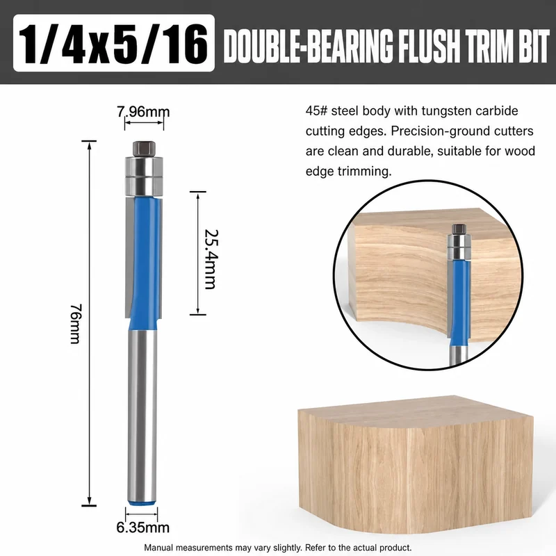 Double-bearing flush-trim router bit, 1/4 by 5/16 inch