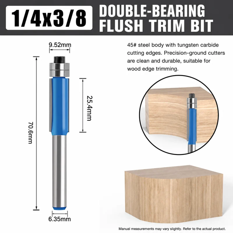 Double-bearing flush-trim router bit, 1/4 by 3/8 inch