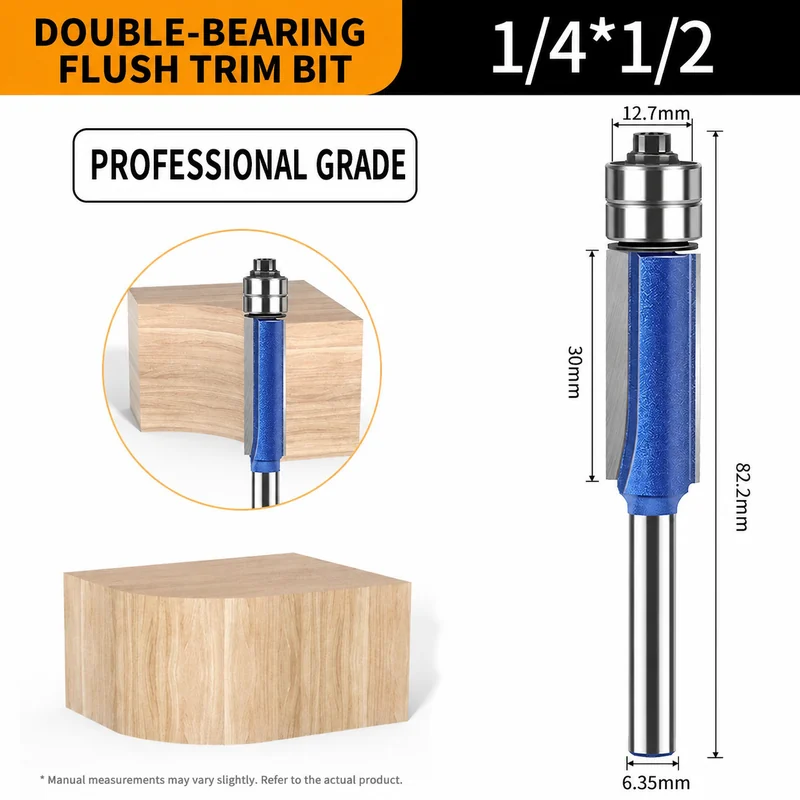 Double-bearing flush-trim router bit, 1/4 by 1/2 inch