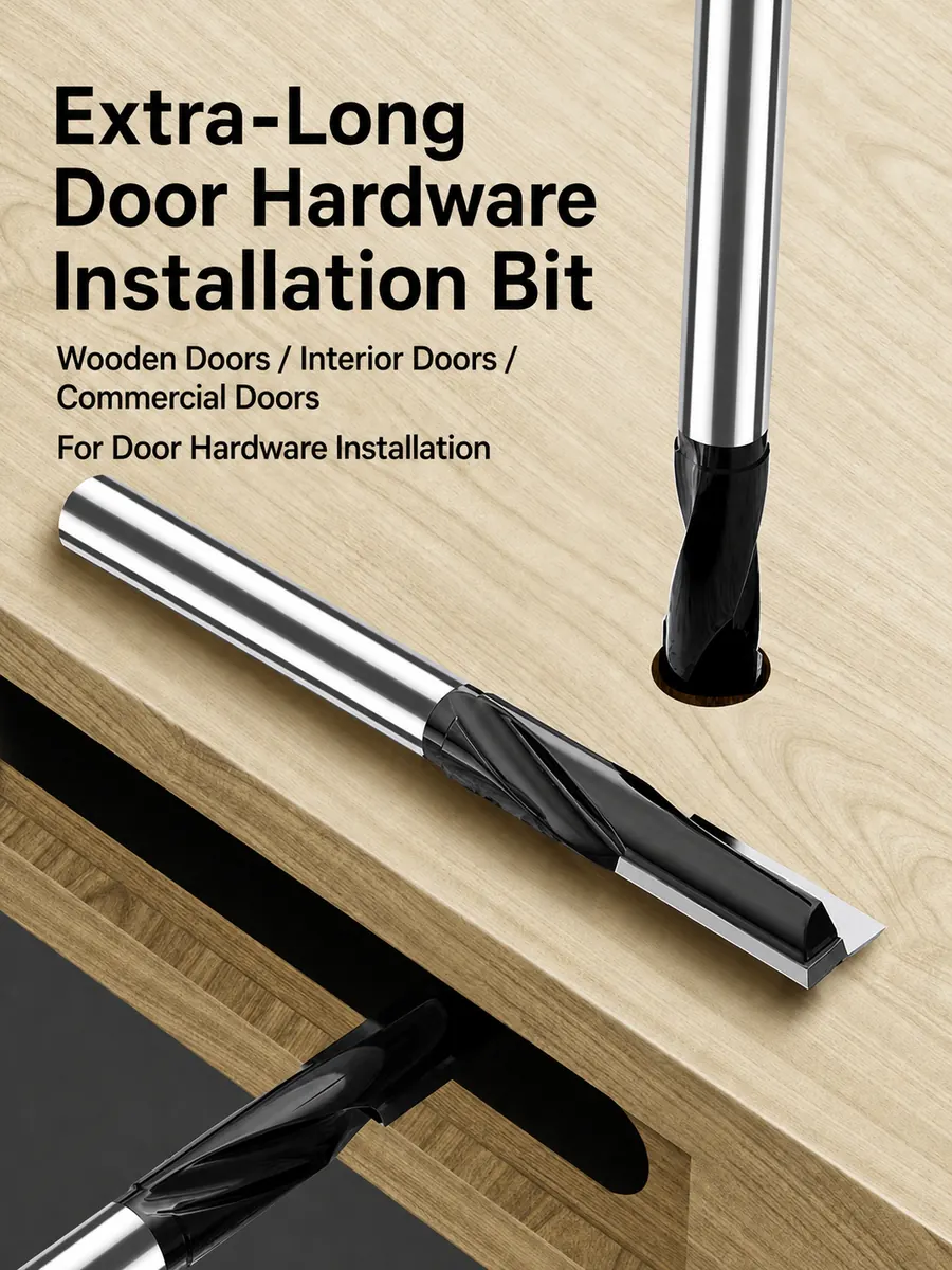 Extra-long mortising bit cutting door lock and hardware slots