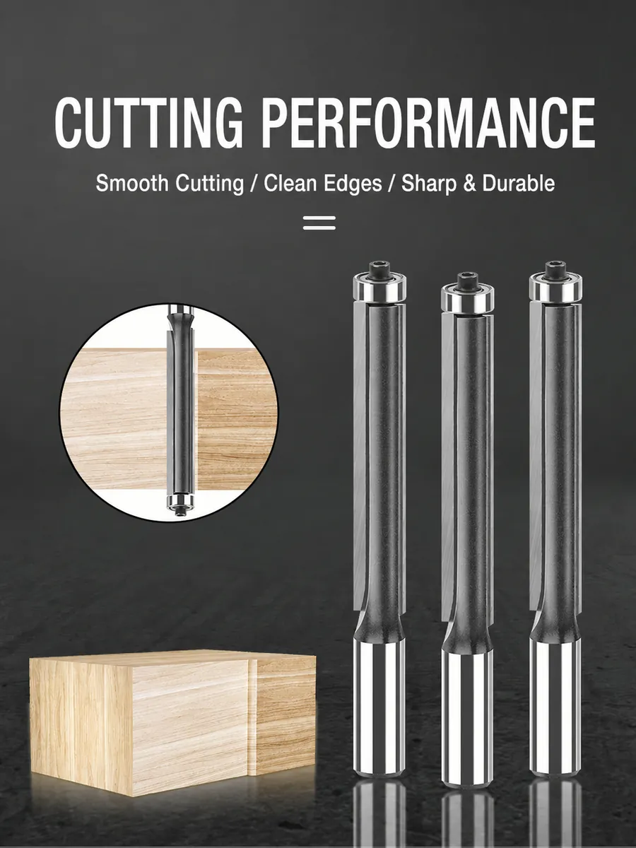 Extended flush-trim cutter for smooth and clean wood edges