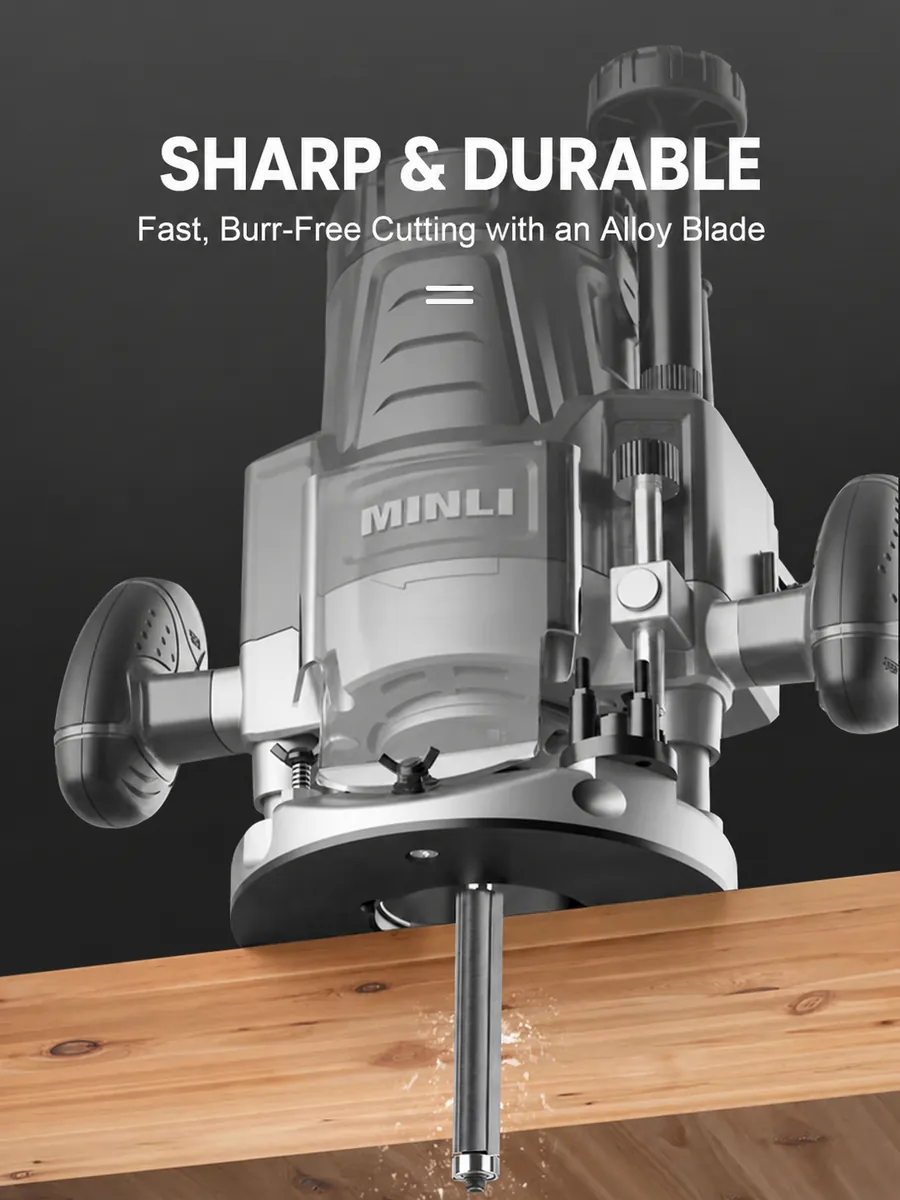 Extended flush-trim router bit cutting a wood edge