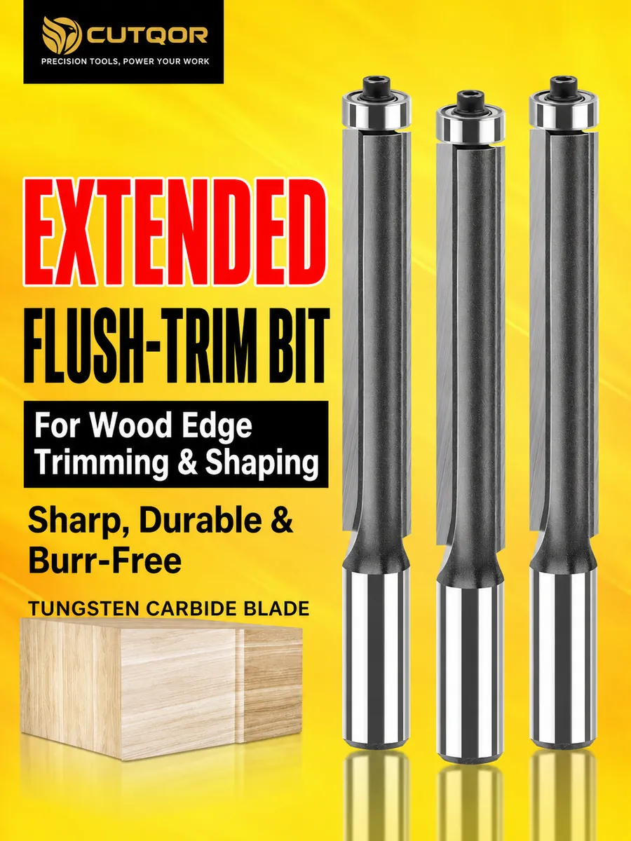 CUTQOR extended flush-trim bit product family for wood edge shaping