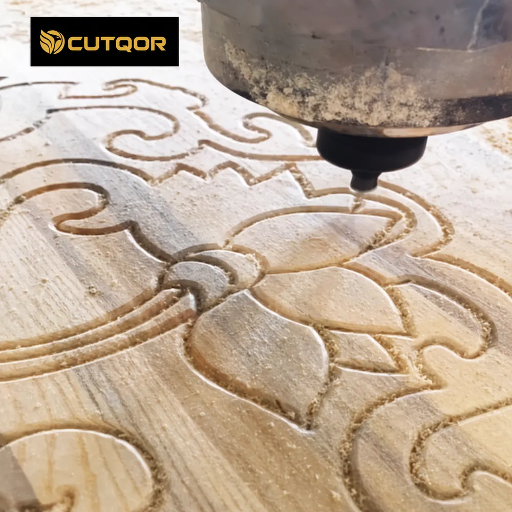 3D V-groove router bit carving a decorative CNC wood pattern
