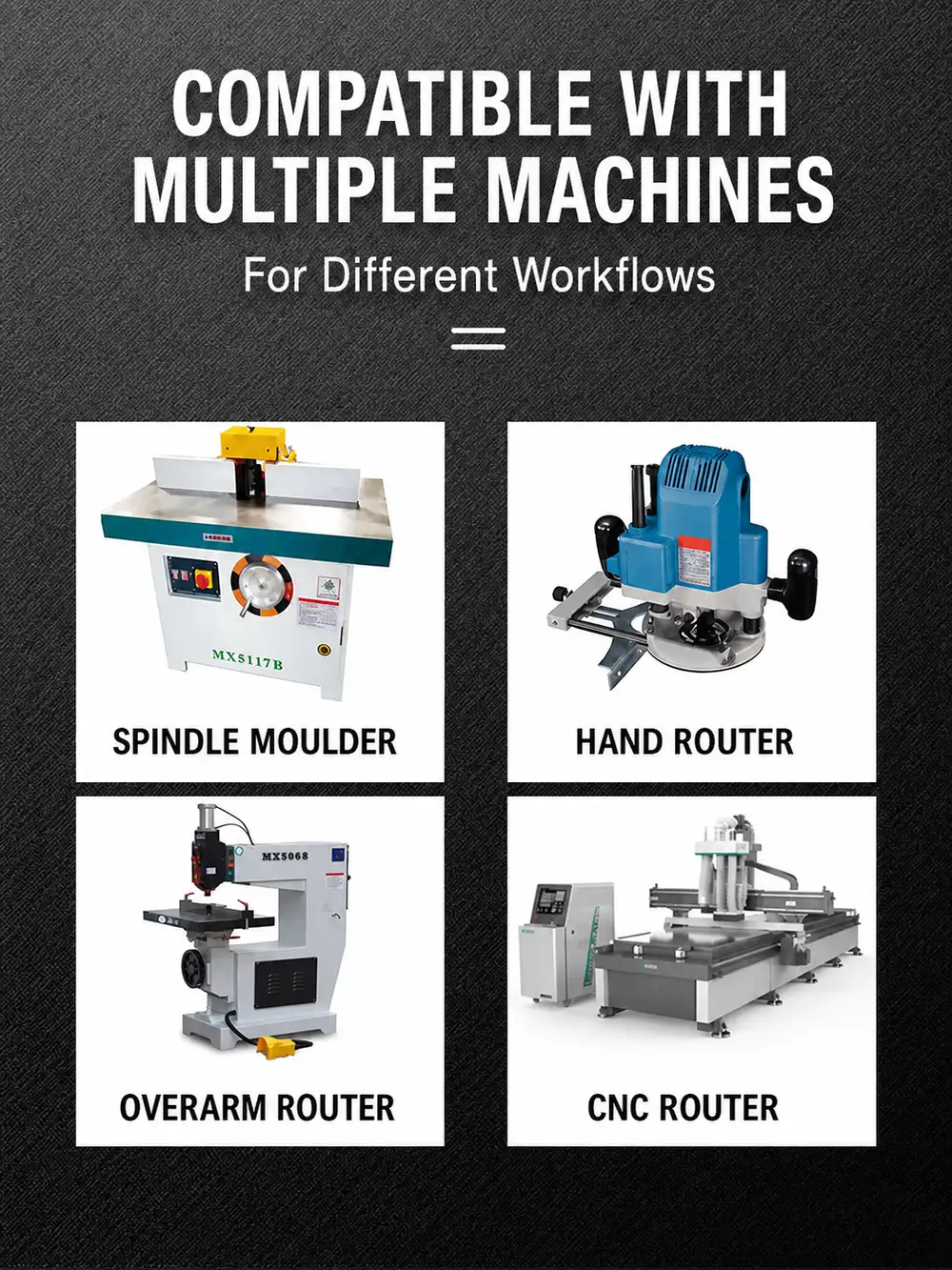 Multiple woodworking router machine types supported