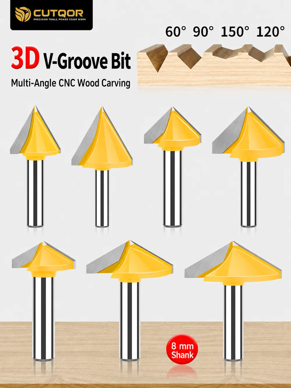 CUTQOR 60 90 120 and 150 degree 3D V-groove router bit range