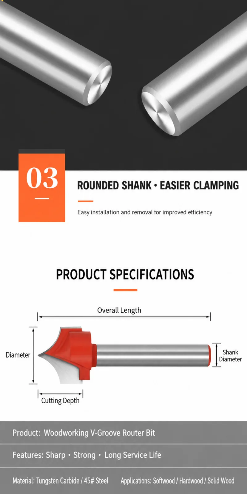 Pointed V-Groove Router Bit 6 × 8 - product detail 4