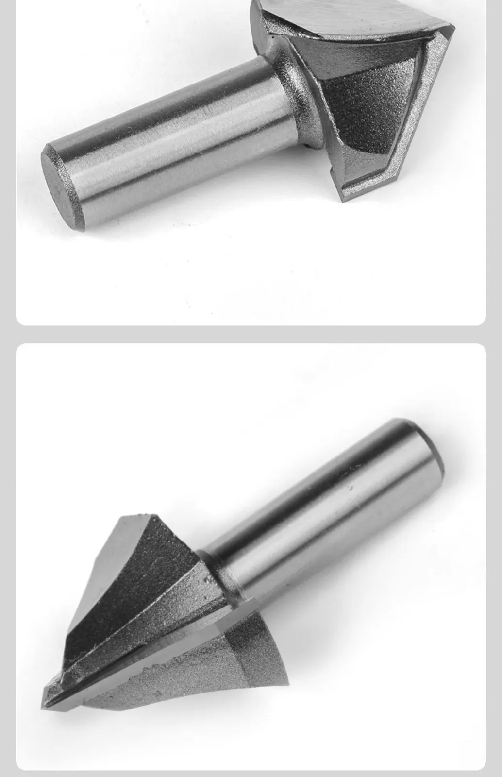 Actual product photos of a 90 degree V-groove router bit