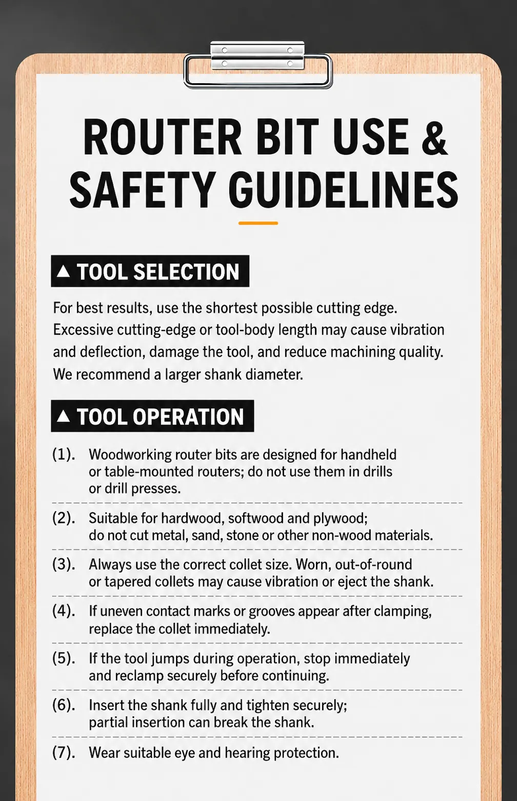 Router bit selection operation and safety instructions